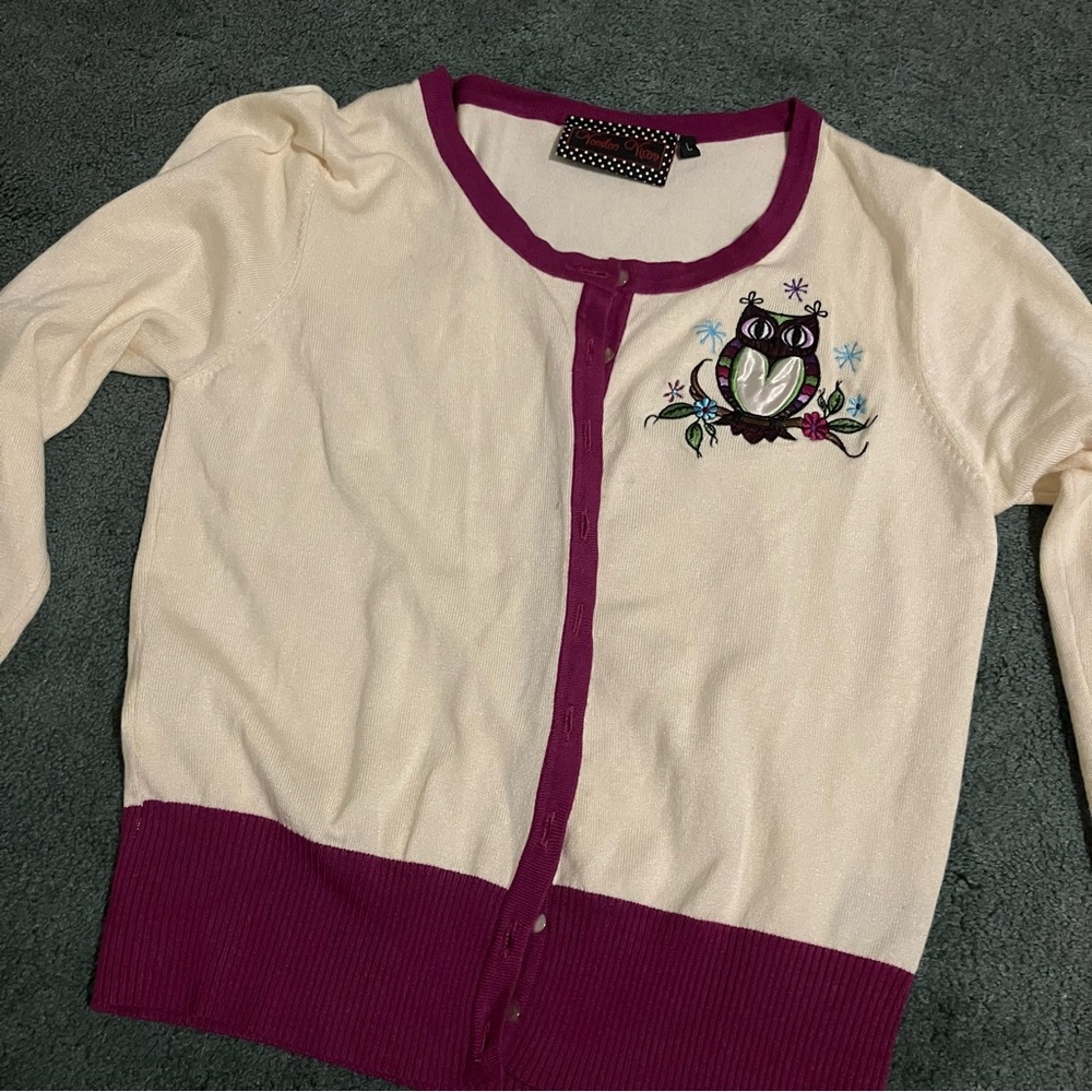 Voodoo Vixen Cream and Purple Women's Sweater with Owl